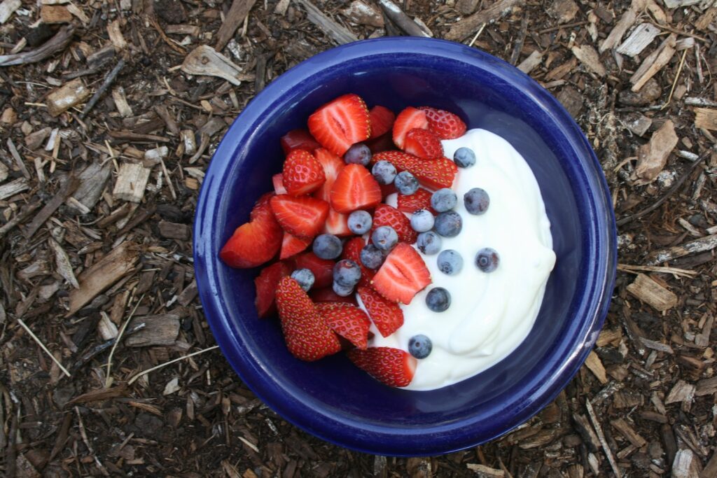 white ice cream with strawberries on blue plastic container